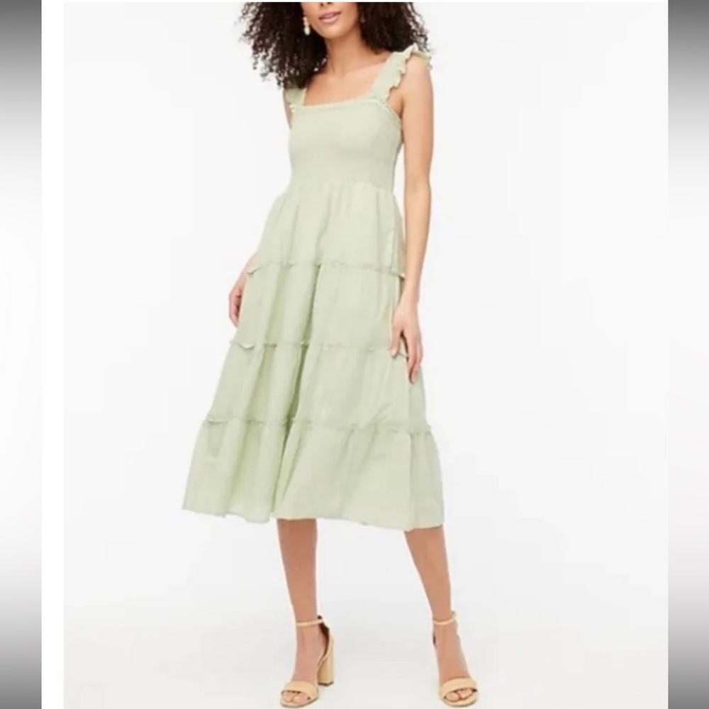 J Crew Factory Smocked Tiered Midi Dress Swiss Dot L